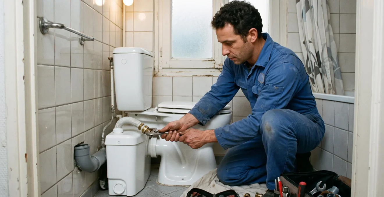 Plombier installant un sanibroyeur dans une salle de bain domestique