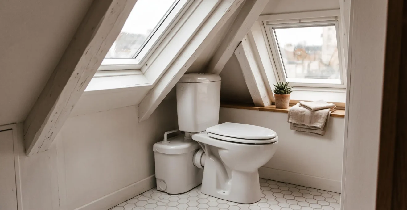 Sanibroyeur installé dans des toilettes aménagées sous combles avec plafond en pente